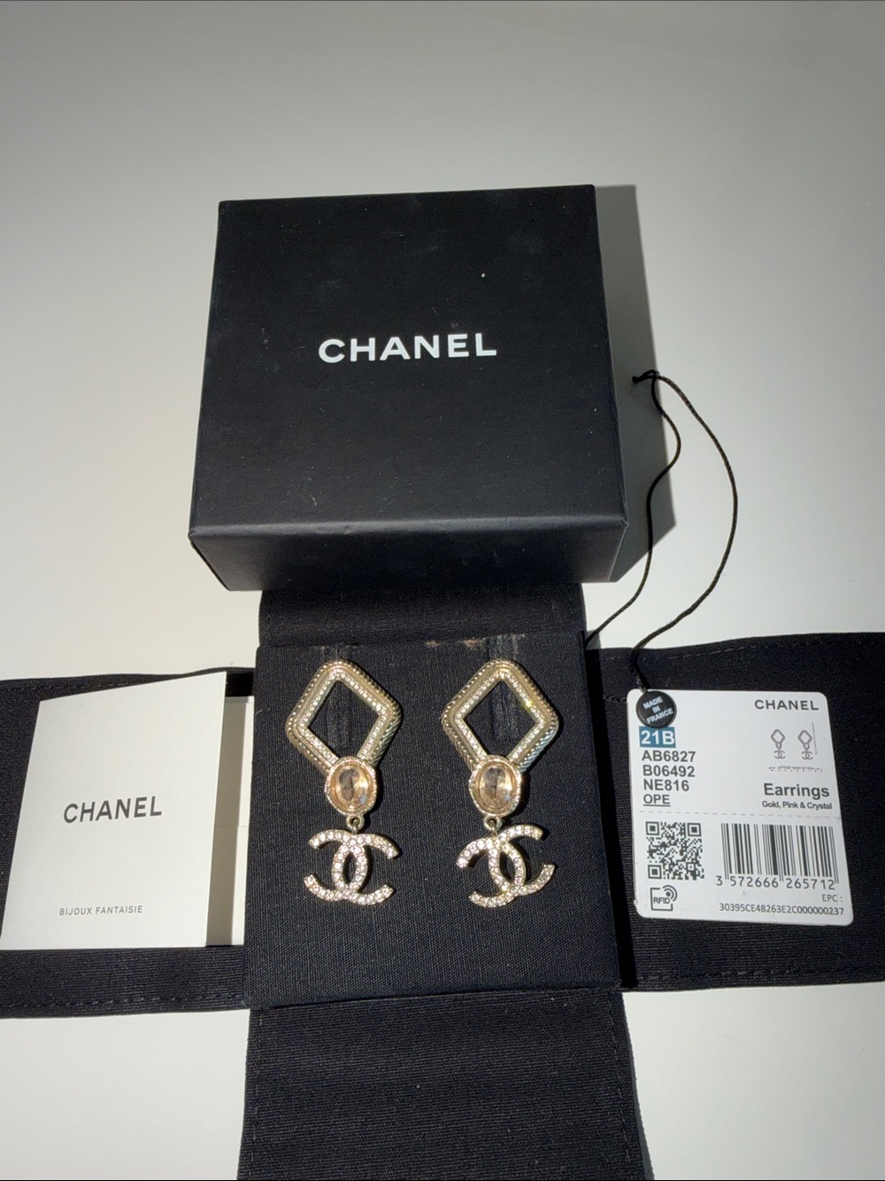 CHANEL Gold and Clear Crystal CC Drop Earrings